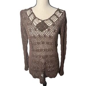 Crochet Knit Top Brown Beaded Embellished Long Sleeve Bohemian Blouse Small‎